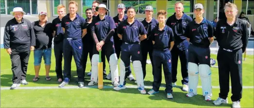  ?? PICTURE / SUPPLIED ?? The WRMK Kerikeri side at Cobham Oval for the Northland Reserve Grade 40-Over final on Sunday. From left, Tony Edwards (umpire), Lowell Gundry (coach), Alex Poore, Simon Hart, Kirish Patel, Axel Shepherd, Duncan Robberts, Rob Drummond, Akash Deep, Max Hart, Oscar Hart, Richard Hislop, Luke Halligan and Jeff Ogle (umpire).