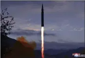  ?? KOREAN CENTRAL NEWS AGENCY — KOREA NEWS SERVICE ?? North Korea claims this is a new hypersonic missile launched from Toyang-ri, Ryongrim County, Jagang Province, North Korea, on Tuesday.