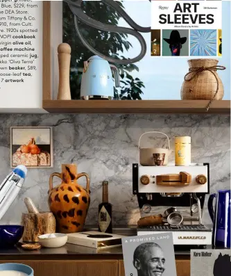  ??  ?? cookbook olive oil, coffee machine jug,
beaker, tea, artwork