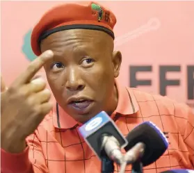  ?? Picture: Refilwe Modise ?? UNREPENTAN­T. EFF leader Julius Malema will tomorow attempt to have the 1956 Riotous Assemblies Act overturned.