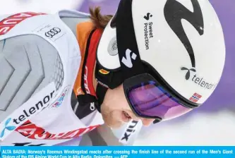  ??  ?? ALTA BADIA: Norway’s Rasmus Windingsta­d reacts after crossing the finish line of the second run of the Men’s Giant Slalom of the FIS Alpine World Cup in Alta Badia, Dolomites. — AFP