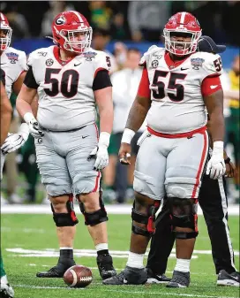  ?? CURTIS COMPTON / CCOMPTON@AJC.COM ?? UGA center Trey Hill (55) started every game last season, and right guard Warren Ericson started against Baylor in the Sugar Bowl.