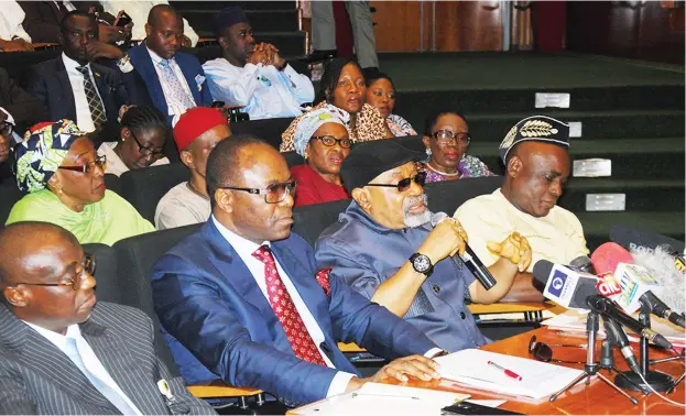  ??  ?? From left: Group Managing Director of NNPC Dr. Maikanti Kacalla Baru, Minister of State for Petroleum Resources Dr. Ibe Kachikwu, Minister of Labour and Employment Sen. Chris Ngige and Senior Special Assistant to the President on National Assembly...