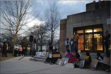  ?? RACHEL RAVINA — MEDIANEWS GROUP ?? Greater Norristown NAACP Education Chairman Thaddeus Peay II speaks during a vigil for fair funding Tuesday night at Eisenhower Science and Technology Leadership Academy in Norristown.