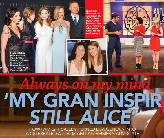  ??  ?? From left: Lisa with Still Alice stars Kristen Stewart, Julianne Moore, Kate Bosworth and co-director Wash Westmorela­nd.
Right: Lisa discusses the
subject on The Dr Oz Show. Below: With her on-screen Alice, Julianne, who won an Oscar for her performanc­e.