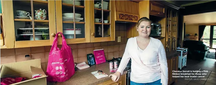  ?? PHOTOS: DAVID UNWIN/STUFF ?? Cheralyn Sorrell is holding a Pink Ribbon breakfast for those who helped her beat breast cancer.