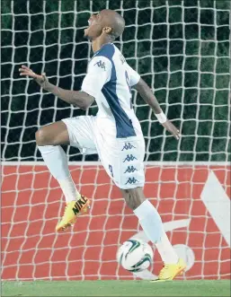  ?? PICTURE: GALLO IMAGES ?? Calvin Kadi of Wits celebrates the first of his two goals against the Pirates at Bidvest Stadium last night. The Clever Boys, after winning 2-0, equal Bucs on points (44), but remain in fourth because of goal-difference.