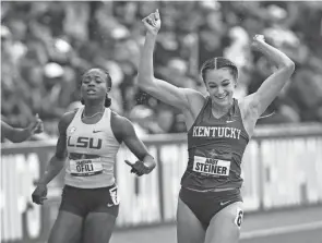  ?? CHRIS PIETSCH/THE REGISTER-GUARD ?? Kentucky’s Abby Steiner reacts to winning the NCAA title in the women’s 200 meters. The Dublin Coffman graduate ran in an Ncaa-record 21.08 seconds.