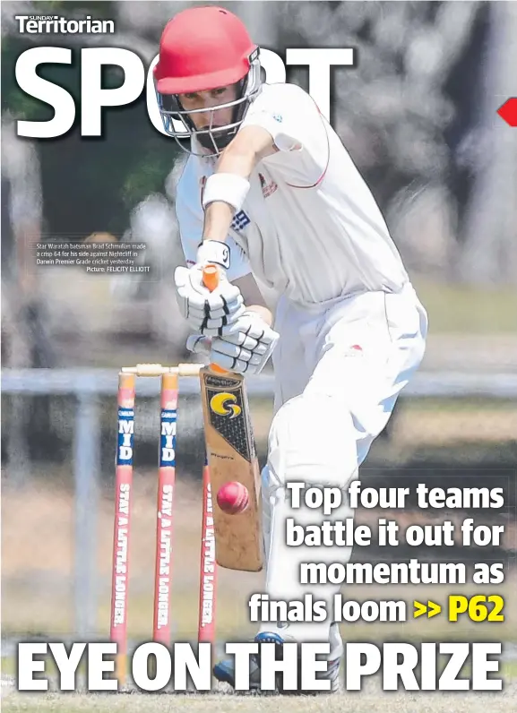  ?? Picture: FELICITY ELLIOTT ?? Star Waratah batsman Brad Schmulian made a crisp 64 for his side against Nightcliff in Darwin Premier Grade cricket yesterday