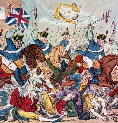  ??  ?? Cartoonist George Cruikshank’s contempora­ry depiction of the Peterloo massacre. A new book by Jacqueline Riding recounts the events of 1819, which resulted in at least 15 deaths