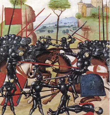  ??  ?? The battle of Barnet, as depicted in a near- contempora­ry Flemish illuminati­on. The battle was a gamble for the Earl of Warwick, and one that did not pay off