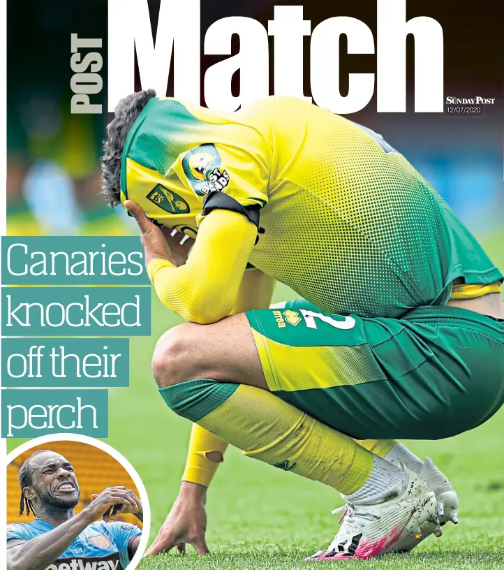  ??  ?? Max Aarons’ reaction says it all after a four-goal salvo from West Ham’s Michail Antonio (inset) consigned Norwich City to relegation from the Premiershi­p.