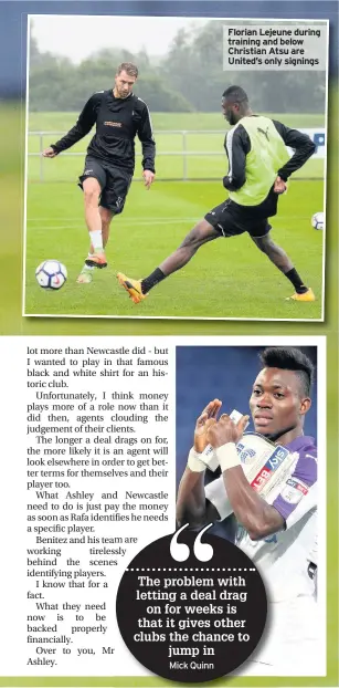  ??  ?? Florian Lejeune during training and below Christian Atsu are United’s only signings