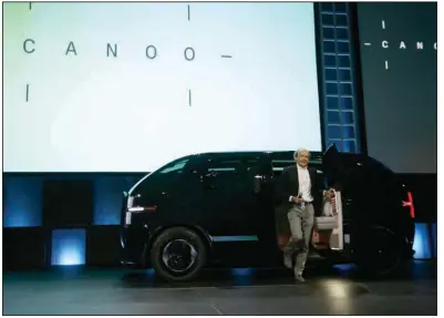  ?? ?? Ulrich Kranz, co-founder & former chief executive officer of Canoo, arrives in his first electric van model at AutoMobili­ty LA auto show in Los Angeles in 2019. Kranz left Canoo in April 2021.