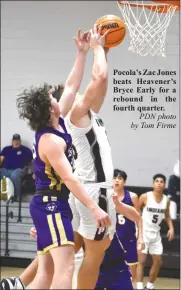  ?? PDN photo by Tom Firme ?? Pocola’s Zac Jones beats Heavener’s Bryce Early for a rebound in the fourth quarter.