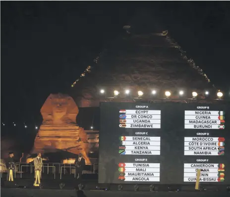  ?? AP ?? The Africa Cup of Nations draw is displayed on a screen at the historical site of Giza Pyramids and Sphinx in Cairo, Egypt