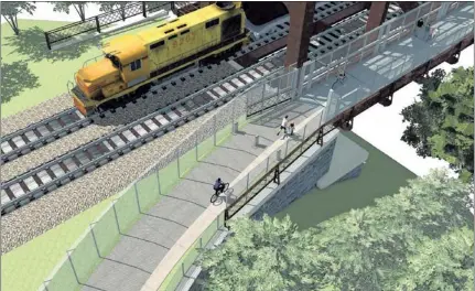  ?? SELF TUCKER ARCHITECTS / SPECIAL TO THE COMMERCIAL APPEAL ?? A pedestrian and bicycle bridge would run alongside trains on the Harahan Bridge, linking Downtown to West Memphis as part of the Main to Main Multi-Modal Connector Project. A transparen­t barrier would separate the path from railroad tracks, according...