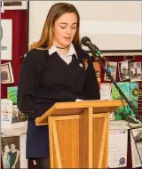  ??  ?? Aoibhe Murphy talks to the gathered parents and teachers about the benefits of the ‘Buddy System’ afforded to First Year students as they start their second level education.