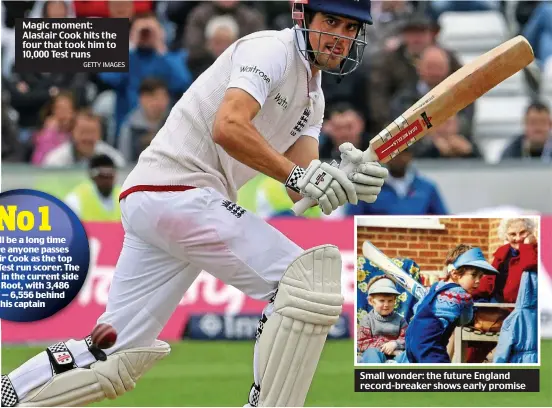  ?? GETTY IMAGES ?? Magic moment: Alastair Cook hits the four that took him to 10,000 Test runs Small wonder: the future England record-breaker shows early promise