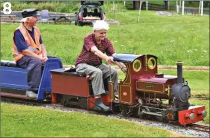  ??  ?? PHOTO 4: The display by Blackgates Engineerin­g in memory of Jack Buckler, designer of the Sweet Pea locomotive.
PHOTO 5/5A: The unique chain-driven engine at speed driven by Linda Gearing, and a close-up of the loco’s drive.
PHOTO 6: Ollie Powell drifts ‘King Offa’ through Howards Halt.
PHOTO 7: Hester Pierce preparing the 7¼-inch gauge ‘Jacquie ‘O’ for track time on Sunday.
PHOTO 8: A bit later Hester has Phil Owens’ going well as it exits the
River loop.
8