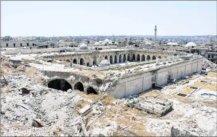  ?? (AFP) ?? A picture taken on July 22 in the northern Syrian city of Aleppo, which was recaptured by government forces in December 2016, shows a general view of
the destructio­n at the site of the ancient Great Umayyad Mosque in the old city.