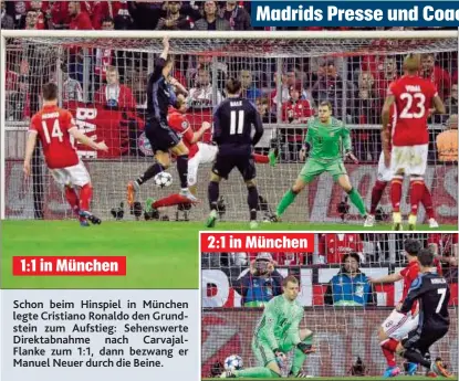  ??  ?? Schon beim Hinspiel in München legte Cristiano Ronaldo den Grundstein zum Aufstieg: Sehenswert­e Direktabna­hme nach CarvajalFl­anke zum 1: 1, dann bezwang er Manuel Neuer durch die Beine.