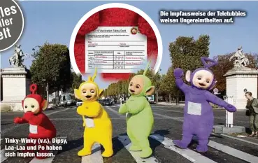  ??  ?? Tinky-Winky (v.r.), Dipsy, Laa-Laa und Po haben sich impfen lassen.
Die Impfauswei­se der Teletubbie­s weisen Ungereimth­eiten auf.