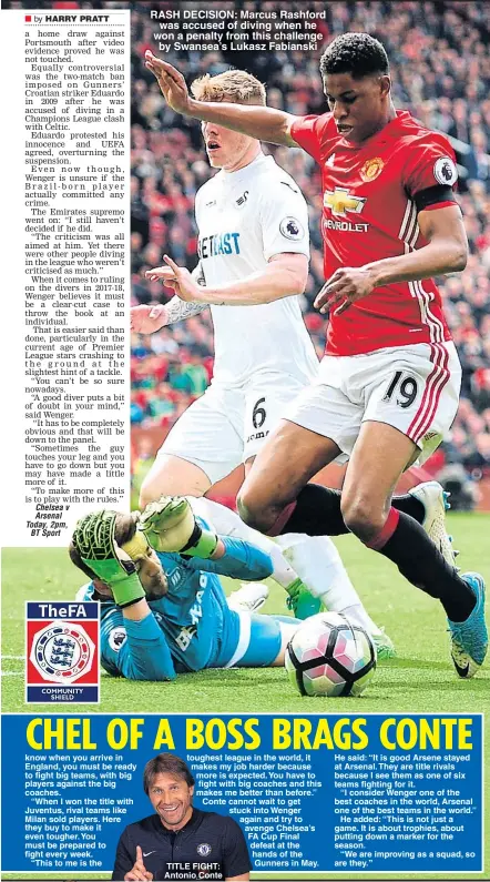  ??  ?? RASH DECISION: Marcus Rashford was accused of diving when he won a penalty from this challenge by Swansea’s Lukasz Fabianski