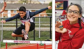  ??  ?? Dixie Middle School eighth-grade student Braylon Harrigan competes in the 110-meter hurdles during a recent home track meet. Braylon and his teammates finished high in the standings of the 12-team meet. Abigail Dalton and Dixie High classmates made...