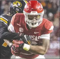  ?? (Special to the NWA Democrat-Gazette/David Beach) ?? Arkansas wide receiver Treylon Burks, who had 7 catches for 129 yards and 1 touchdown in Friday’s 34-17 victory over Missouri, is keeping any plans to declare for the NFL Draft quiet.