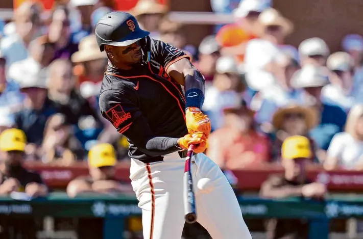  ?? Ross D. Franklin/Associated Press ?? New Giants slugger Jorge Soler has yet to hit a home run in spring training, but he entered Saturday hitting .324 with six walks and just six strikeouts in 34 at-bats.