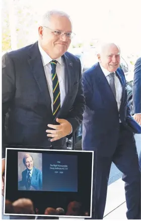  ??  ?? PM Scott Morrison arrives at Doug Anthony’s memorial service with former PM John Howard. Pictures: NCA NewsWire / Dan Peled
