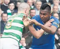  ??  ?? BATTLE SCARS: Brown goes at it with Alfredo Morelos