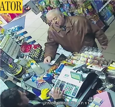  ??  ?? CCTV video shows former Russian spy Sergei Skripal in a store in Salisbury, England, before being attacked with a nerve agent. He and his daughter, along with a police officer who came to their assistance, are in critical condition. ITN VIA THE...