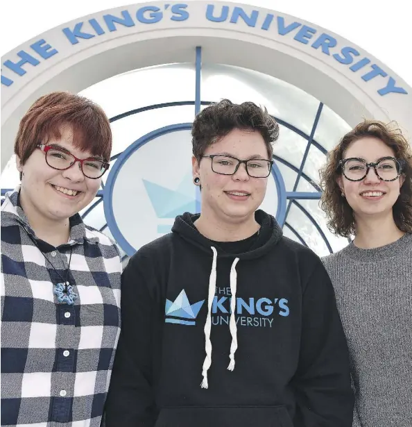  ?? ED KAISER ?? The King’s University students Emma Van Arragon, left, Shylo Rosborough and Erin Wassing talked to Journal columnist Paula Simons last week about taking part in the institutio­n’s first Pride event and the welcoming atmosphere for LGBTQ students 20...