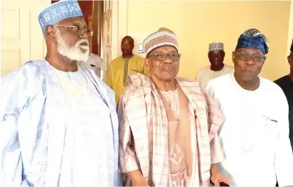  ??  ?? From right: Three former leaders Olusegun Obasanjo, Ibrahim Badamasi Babangida and Abdulsalam­i Abubakar, after a meeting in Minna on Sunday