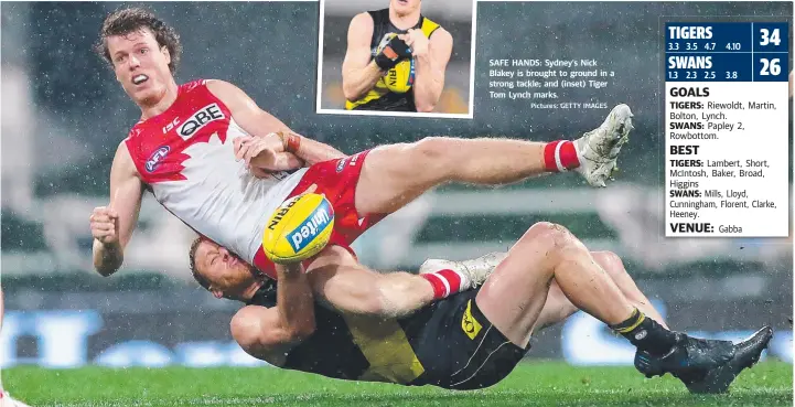 ?? Pictures: GETTY IMAGES ?? SAFE HANDS: Sydney’s Nick Blakey is brought to ground in a strong tackle; and (inset) Tiger Tom Lynch marks. 3.5 4.7 4.10