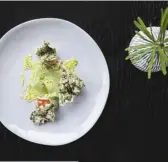  ??  ?? Wildflower’s South West marron with river greens, puffed seaweed, avocado and head cream