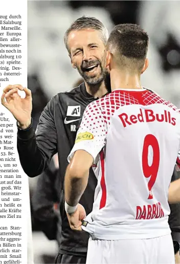  ?? BILD: SN/APA/HANS PUNZ ?? Trainer Marco Rose und sein Torjäger Munas Dabbur eilen nicht nur von Sieg zu Sieg, sondern auch von einem Spiel zum nächsten.