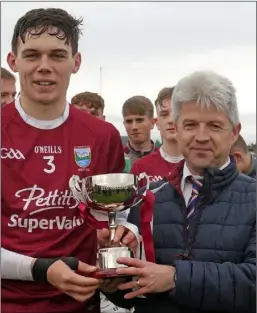  ??  ?? St. Martin’s captain Philip Dempsey receiving the trophy from Andrew Egan of Greenstar after the Under-20 hurling Premier final on Saturday.