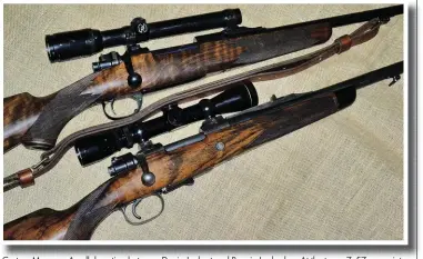  ??  ?? Custom Mausers. A collaborat­ion between Danie Joubert and Bennie Laubscher. At the top a 7x57 on an intermedia­te action (ex-Peruvian military) and below a .250/3 000 Savage on a kurz action.