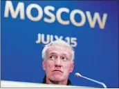  ?? DAVID VINCENT/ AP PHOTO ?? France head coach Didier Deschamps grimaces as he listens to journalist­s’ questions during the official press conference at the Luzhniki Stadium on Saturday, the eve of the World Cup final against Croatia.