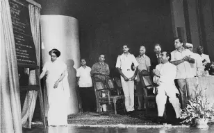  ??  ?? ( Top left) Jamshed Bhabha and JRD Tata at the NCPA’s foundation ceremony; ( above) then Prime Minister Indira Gandhi inaugurate­s the Tata Theatre in 1980; and ( right) the façade of the original NCPA building