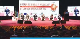  ??  ?? ABIDJAN: African Developmen­t Bank chairman Akinwumi Adesina (center) speaks during the 6th EU-Africa Business Forum on Monday in Abidjan, ahead of the African Union European Union summit. —AFP