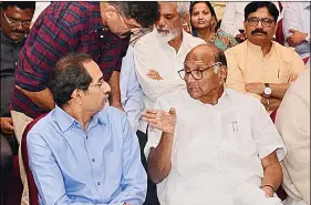  ?? IANS ?? Uddhav Thackeray and Sharad Pawar at Shiv Sena-nationalis­t Congress Party-congress combine public parade on Monday.