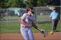  ?? ?? Woodland sophomore pitcher Addison Tetreault delivers a pitch during a 10-0loss against Pioneer on Wednesday in Woodland.