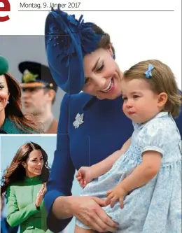  ??  ?? Herzogin Kate, mit William und Tochter Charlotte, beweist regelmäßig royale Eleganz AP(3), APA