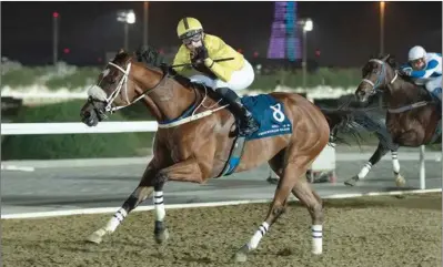  ??  ?? Ryan Curatole celebrates the Umm Al Afai Cup win on Catch A Wave during the 23th Race Meeting in New Al Rayyan on Wednesday.