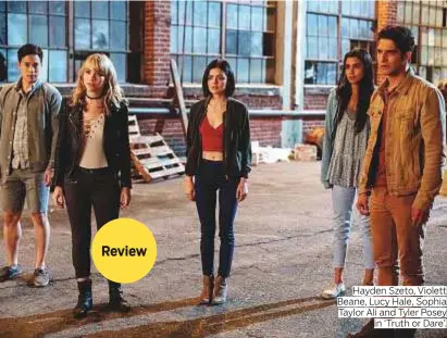  ?? Photos courtesy of Universal Pictures ?? Hayden Szeto, Violett Beane, Lucy Hale, Sophia Taylor Ali and Tyler Posey in ‘Truth or Dare’.