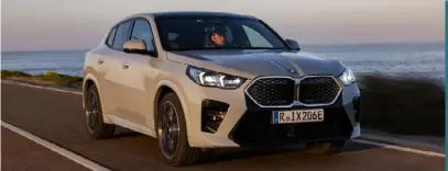  ?? ?? BMW iX2
Price: £57,445 Powertrain: Twin electric motors with 64.8kWh battery Power: 309bhp Torque: 494Nm
Max speed: 112mph 0-60mph: 5.4 seconds CO2 emissions: 0g/km Range: 259-267miles Max charging speed: 130kW